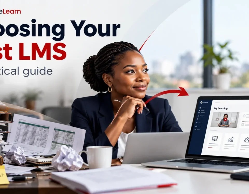 Choosing your first Learning Management System (LMS): A practical guide for businesses evaluating LMS software. Illustration showing the transition from manual training administration, spreadsheets and paperwork to a modern LMS platform with automated training management, learner tracking, compliance reporting and employee development.