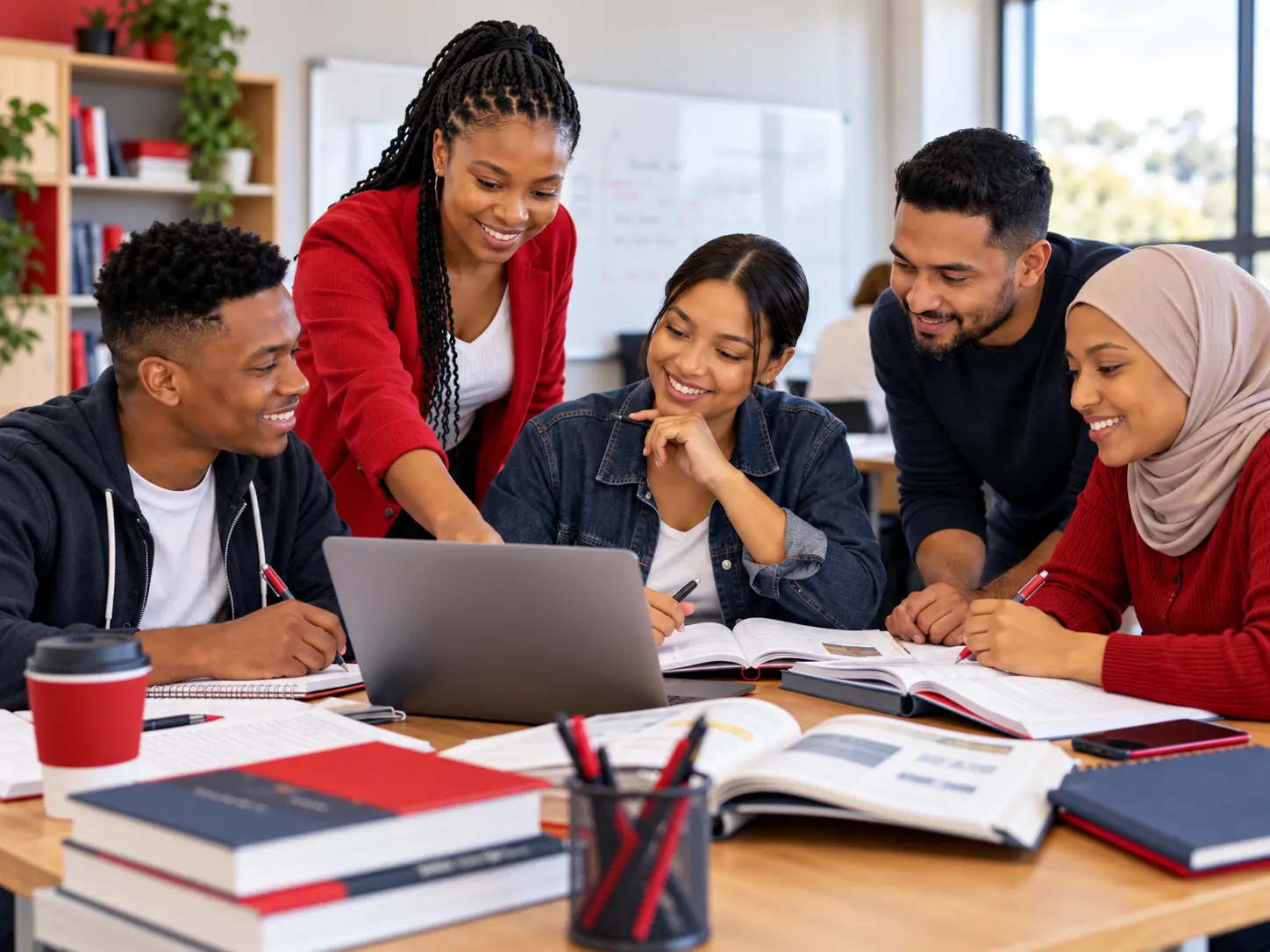Diverse group of students collaborating with a facilitator using the SynrgiseLearn Academic LMS, supporting structured learning, assessments and blended education.