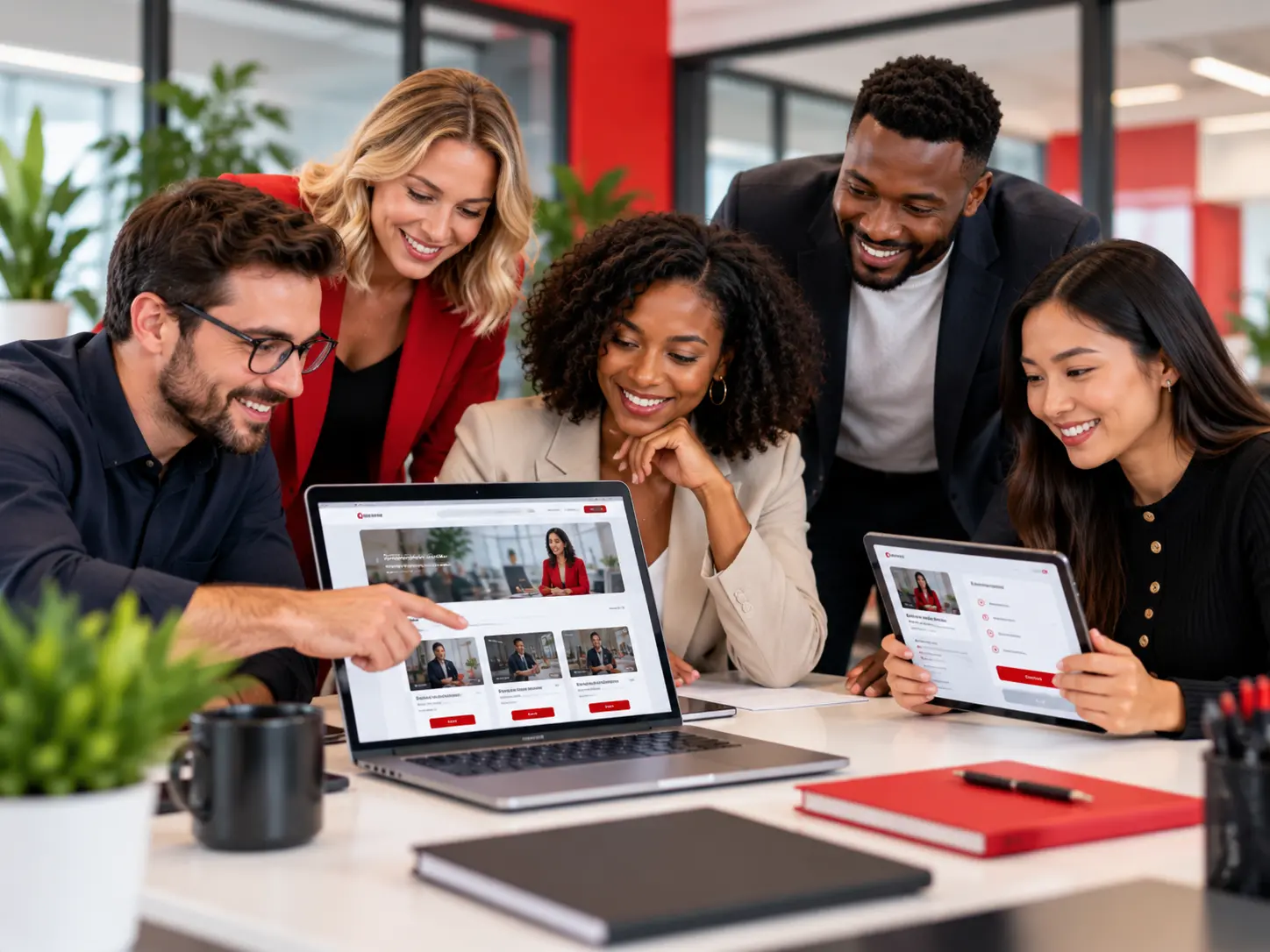 Diverse team of training professionals reviewing an online course storefront and enrolment process using SynrgiseLearn's eCommerce LMS for training businesses.