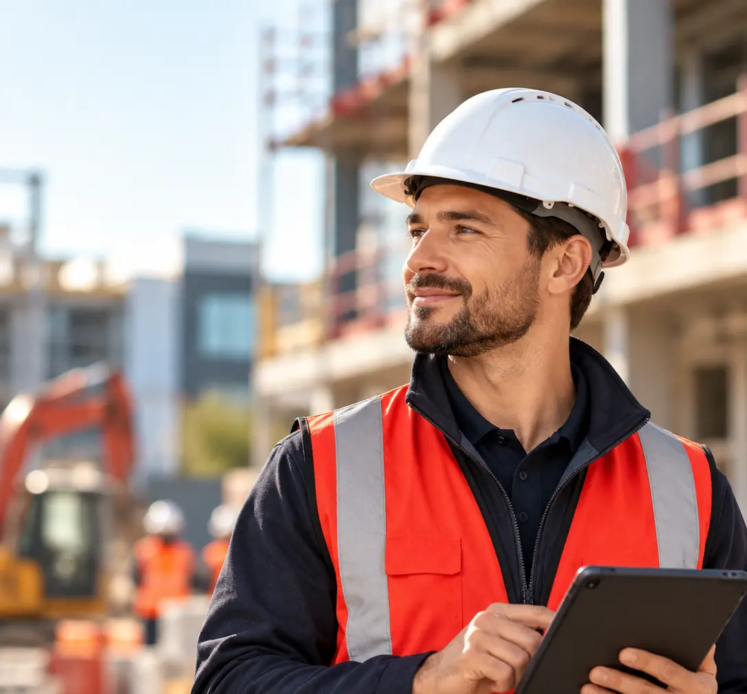 Construction worker wearing a hard hat and high-visibility vest using a tablet to access online training through SynrgiseLearn's eCommerce LMS for training providers.