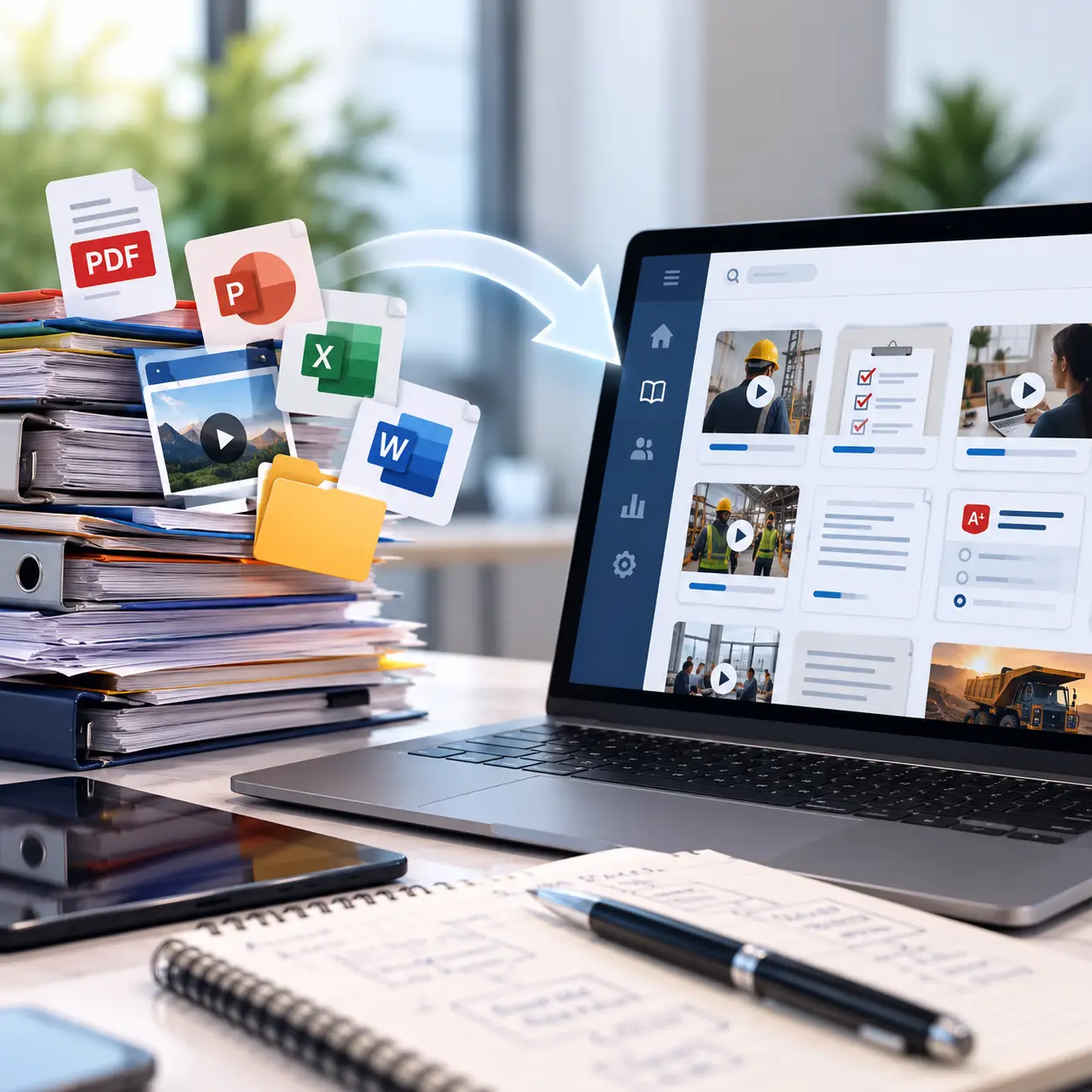 LMS content development and migration showing PDF documents, presentations, spreadsheets and training videos being converted into structured online courses and assessments within a Learning Management System.