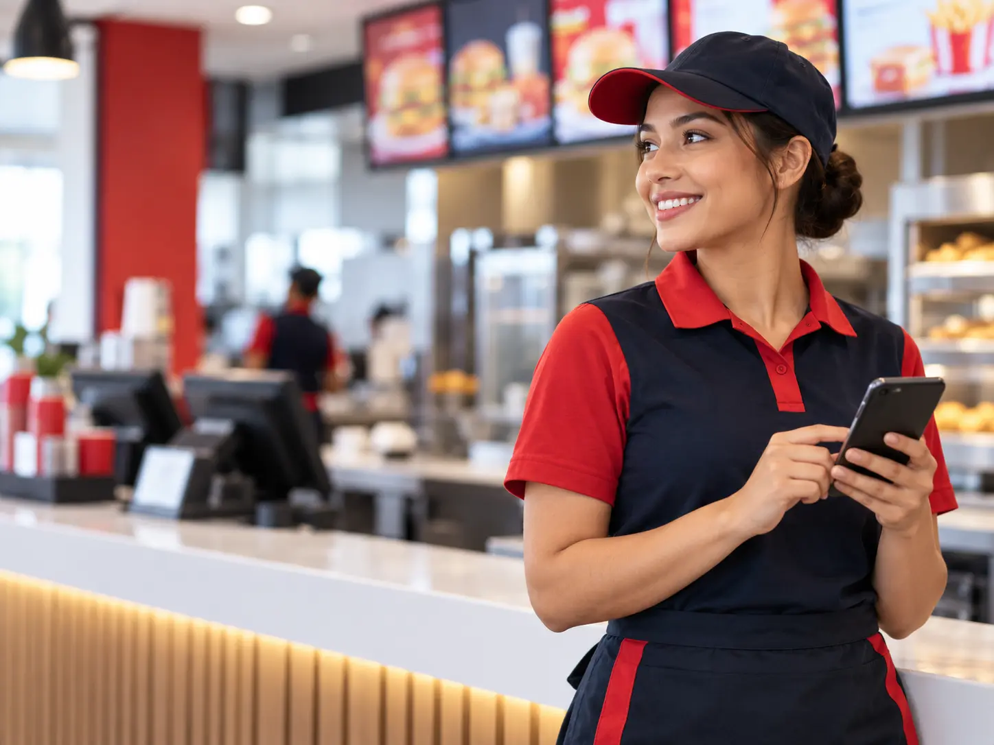 Fast-food employee using a mobile device to access training through the SynrgiseLearn Corporate LMS, supporting frontline learning and employee development.