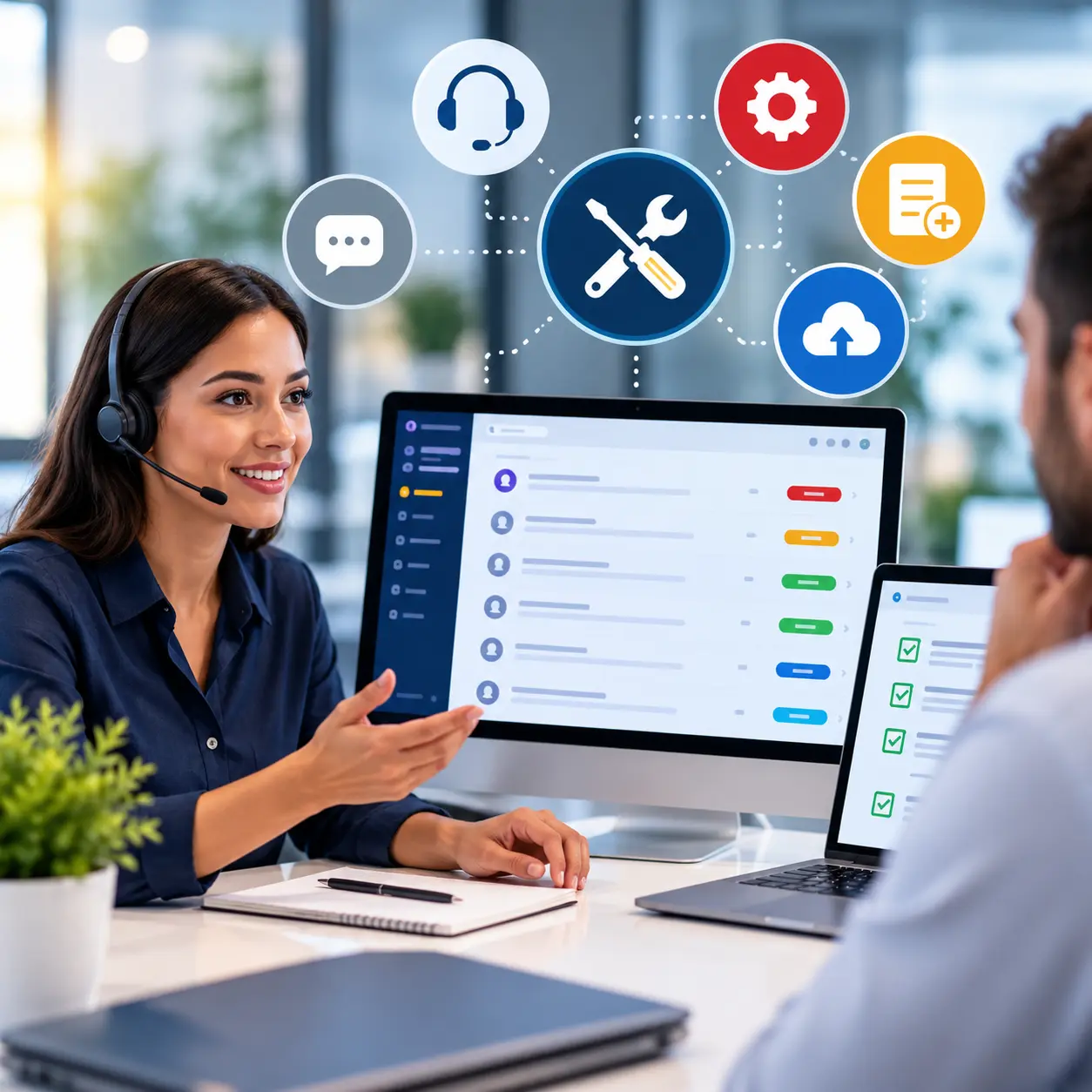 LMS support, maintenance and change request management showing a technical support consultant reviewing system updates, resolving support tickets and discussing additional Learning Management System requirements.