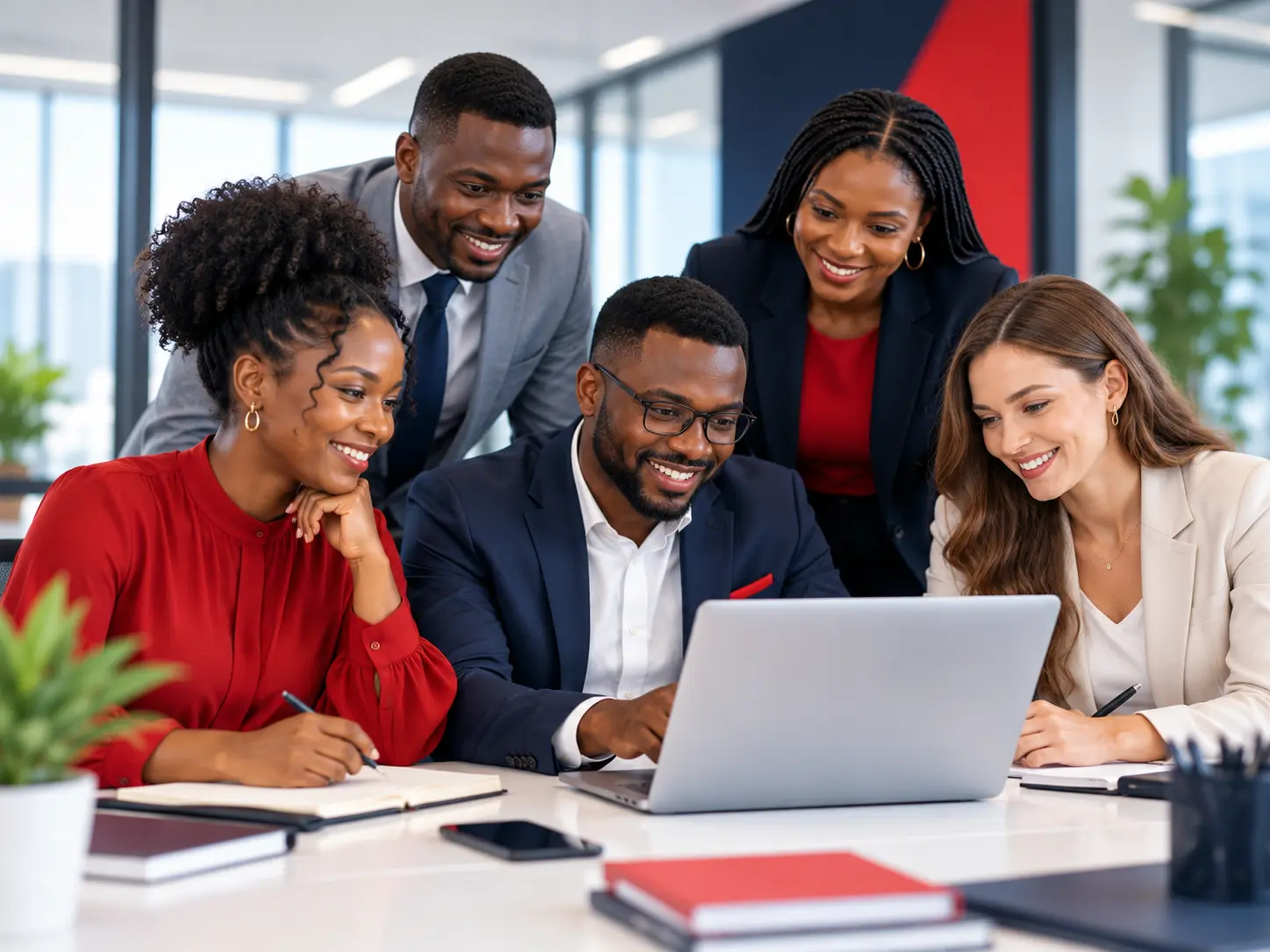 Diverse South African professionals collaborating around a laptop, illustrating how a Corporate LMS supports employee training and development.