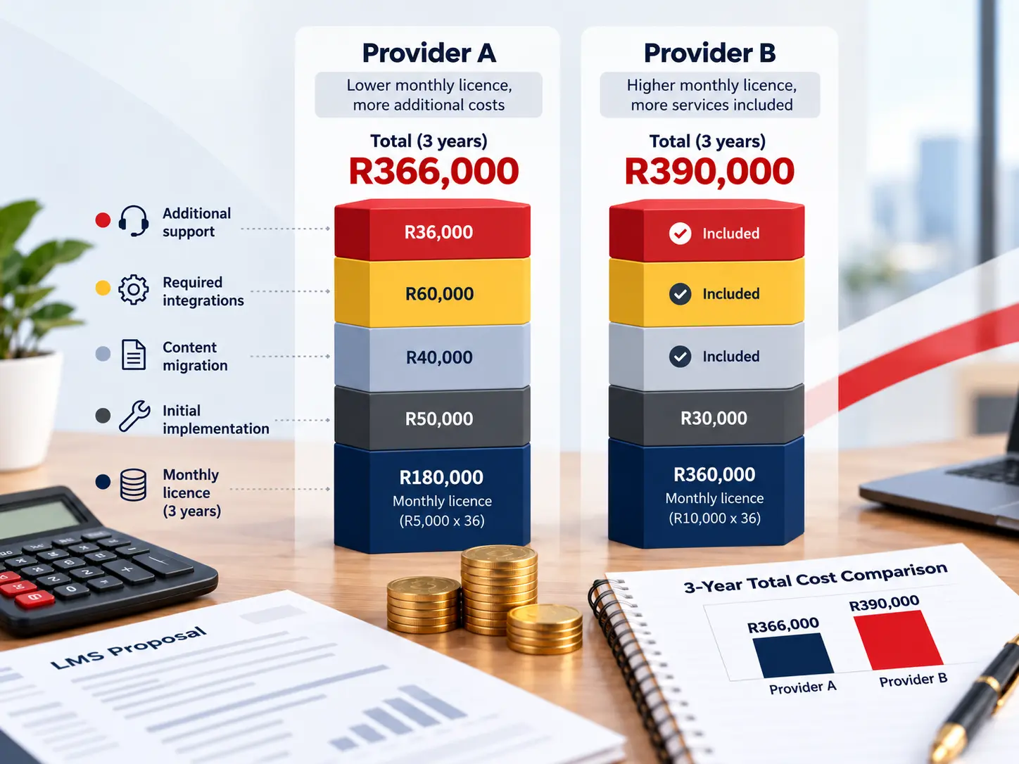 Three-year LMS total cost comparison between two providers, showing how licensing fees, implementation, content migration, integrations and support affect the overall cost of a Learning Management System.