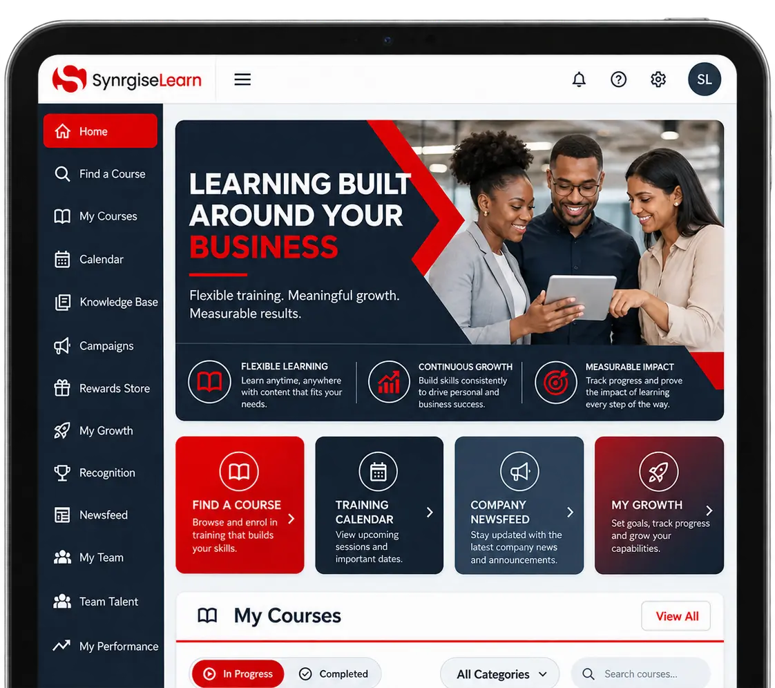 SynrgiseLearn Corporate LMS homepage screenshot showing the learner dashboard, course navigation, training resources and employee development features.