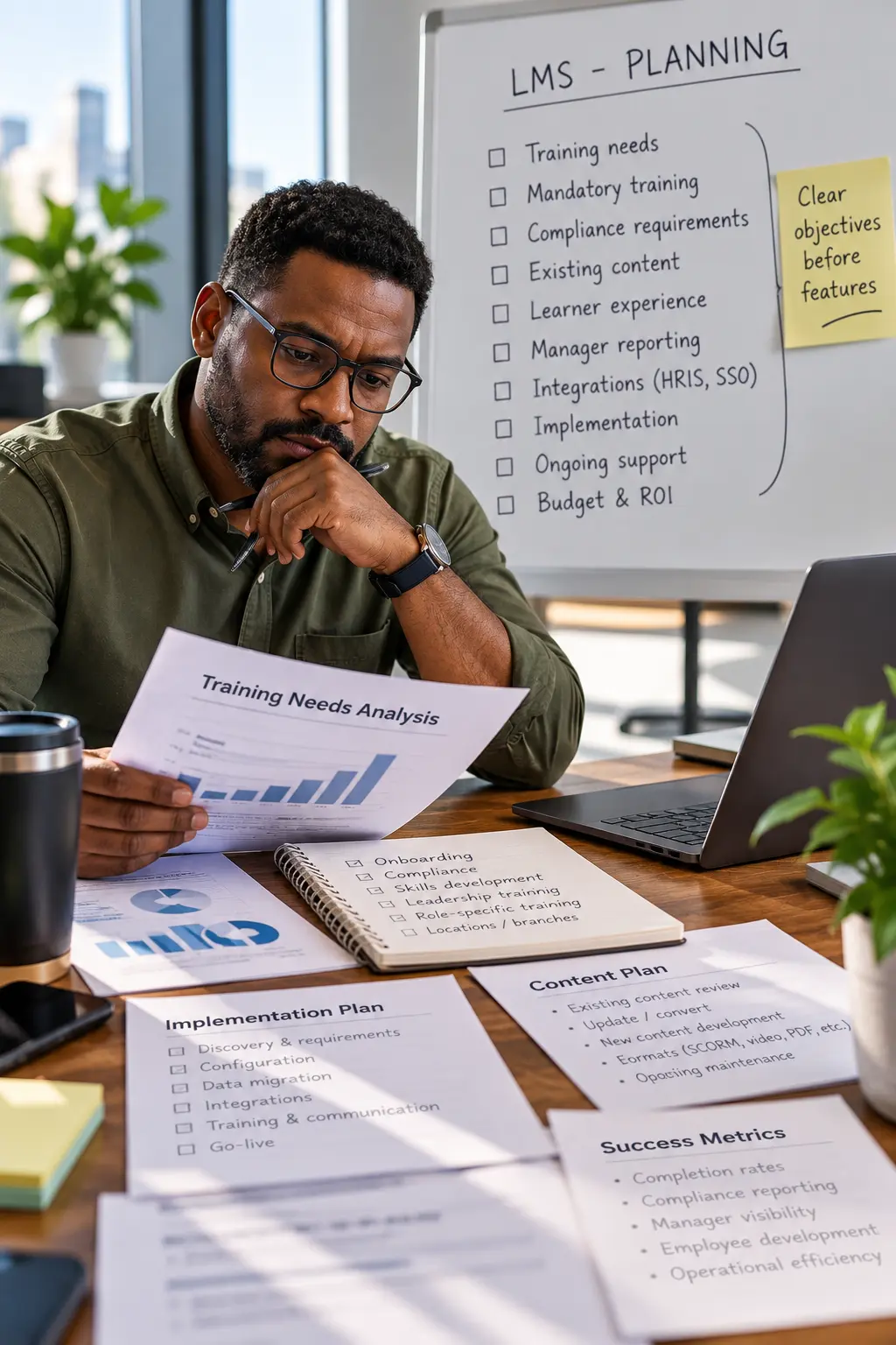 HR and Learning & Development professional reviewing LMS implementation costs, training needs and budget planning. The image illustrates key considerations when choosing a Learning Management System (LMS), including software pricing, content development, integrations, compliance reporting, ongoing support and total cost of ownership.