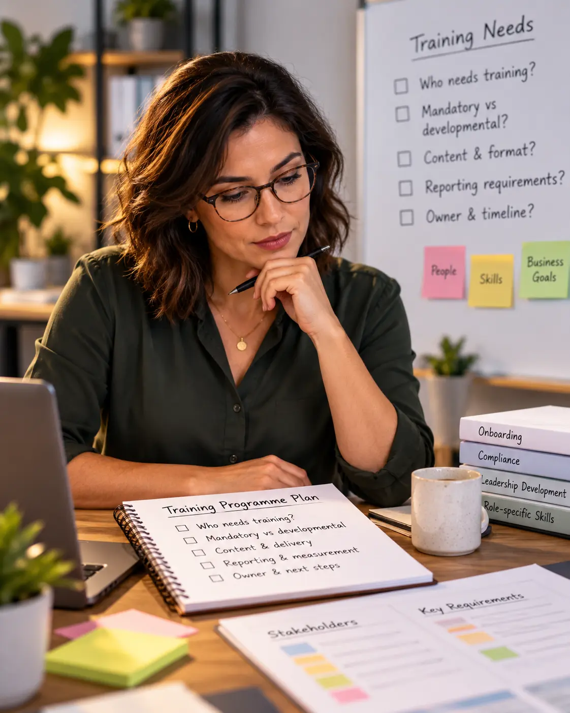 HR and Learning & Development professional planning an employee training programme, reviewing training needs, compliance requirements, learning content and reporting objectives before selecting a Learning Management System (LMS).
